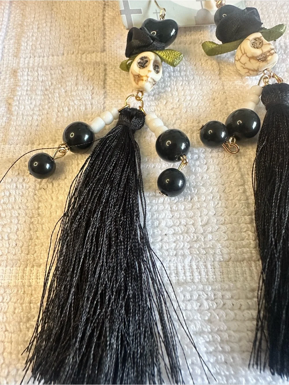 Source Unknown Black Tassel Skull Dangle Earrings with White Beads